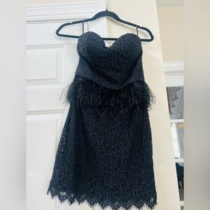 bebe Black Lace Strapless Mini Dress with Feather Accent
